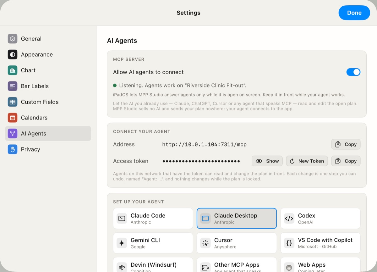 Settings, AI Agents: allow agents to connect, with setup steps for Claude, Codex, Gemini and others