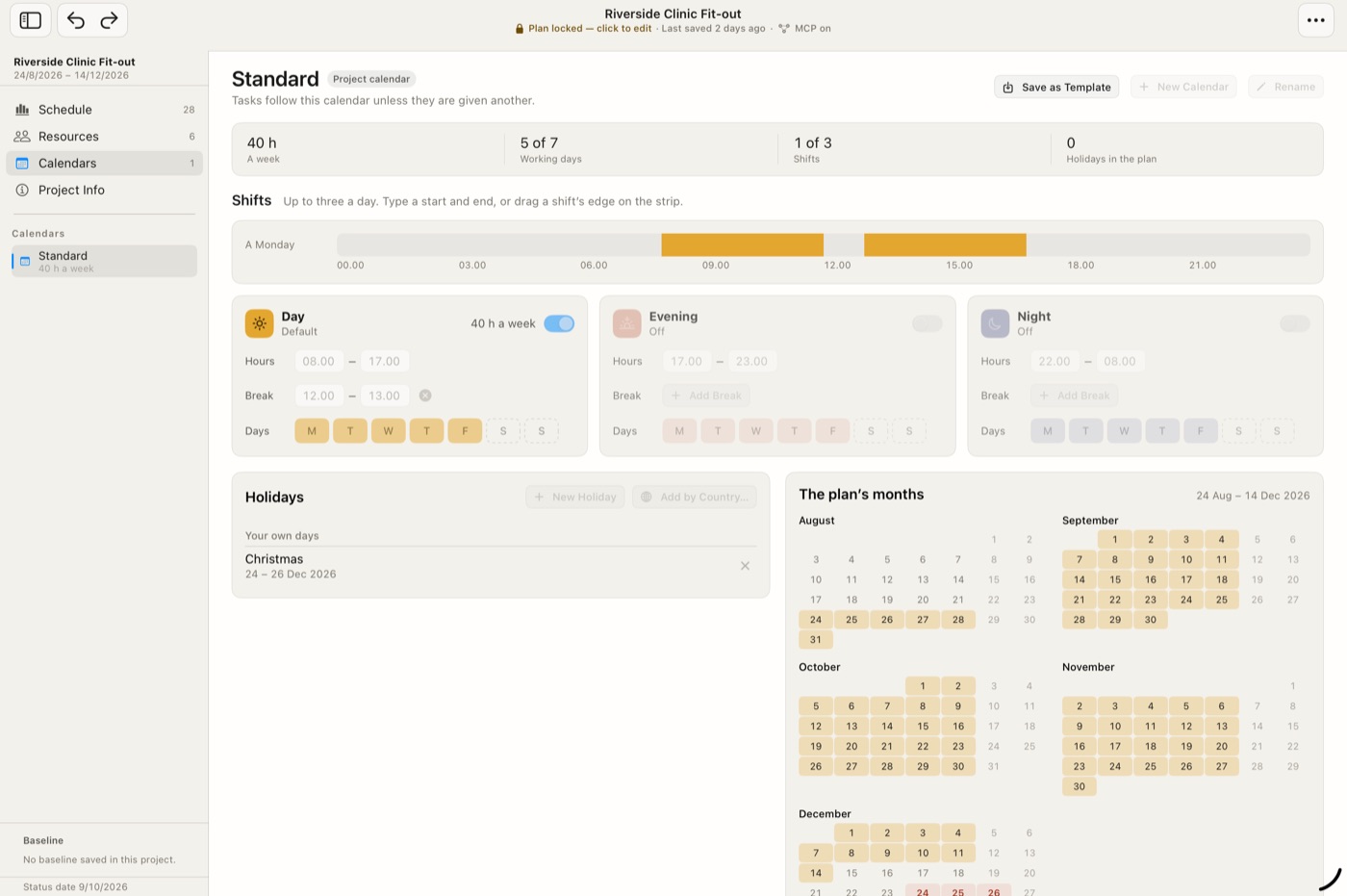 Calendars screen with day, evening and night shifts and a holiday list